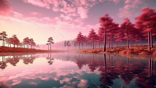 令人惊叹的 3D 渲染景观日出在宁静的湖面上，有粉红色的树木和郁郁葱葱的绿草