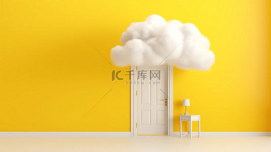 漂浮在黄色门上的白云的简约 3D 渲染