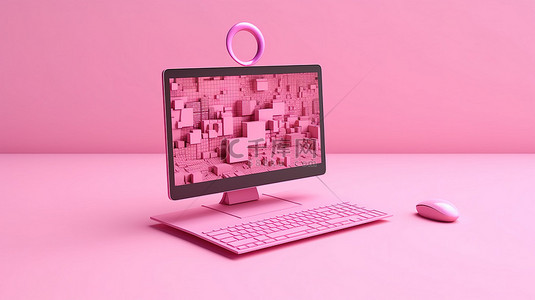卡通电脑桌面背景图片_简约粉红色计算机 3d 渲染的在线搜索