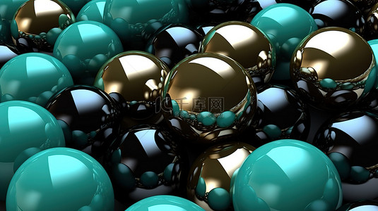 米色黑色蓝色和绿色球体集合的抽象 3D 渲染