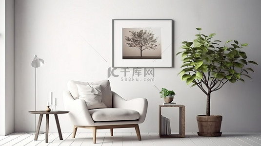 白色家居装饰海报背景图片_3D 渲染客厅内部配有白色织物扶手椅咖啡桌和大花瓶模型海报