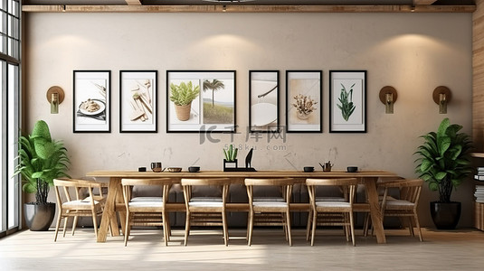 就餐背景图片_多功能的起居或就餐空间，配有艺术品展示 3D 渲染