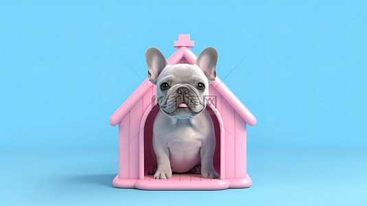 双色调背景图片_具有双色调效果的蓝色卡通狗屋模型的粉红色背景 3D 渲染