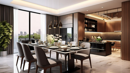 带餐桌和厨房的豪华用餐空间的 3D 渲染