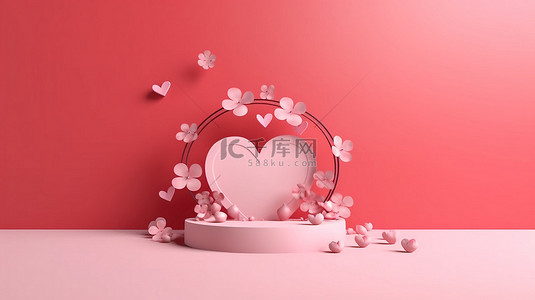 粉红色背景和 3D 设计元素的快乐情人节庆祝活动