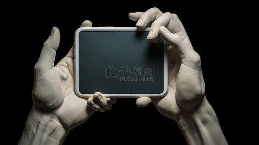 握住手机背景图片_雕塑中两只手握住手机的 3D 插图