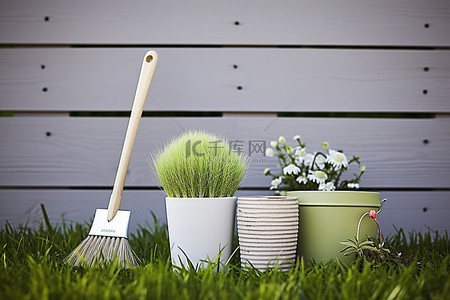 庭院送别背景图片_有花盆和刷子的绿色庭院