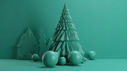 简约的 3D 圣诞树设计与圣诞装饰令人惊叹的渲染