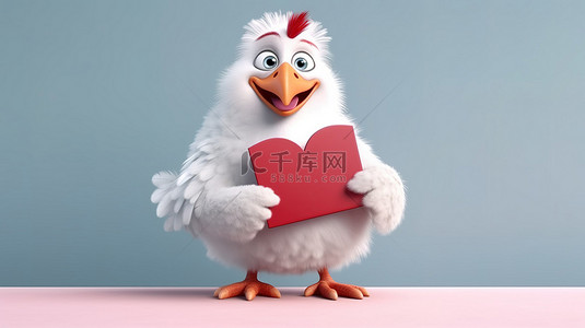 有趣的 3D 鸡卡通显示标志和心脏