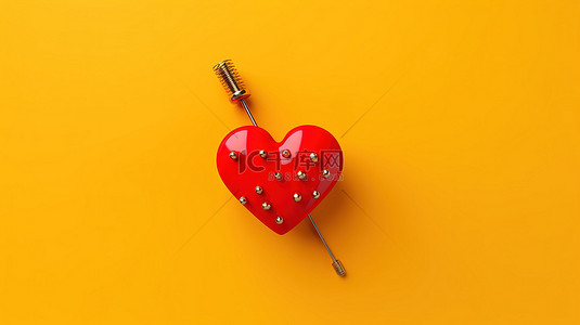 极简主义情人节概念金锤和钉子将红心固定在 3D 渲染的黄色背景上