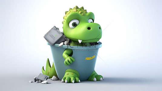搞笑的 3D 恐龙人物抓着垃圾桶