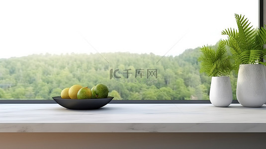 白色简约厨房台面的自然灵感 3D 渲染