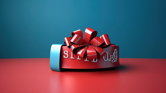促销蝴蝶结背景图片_3D 渲染大型红色销售，带有蝴蝶结和丝带，用于蓝色隔离背景上的促销营销