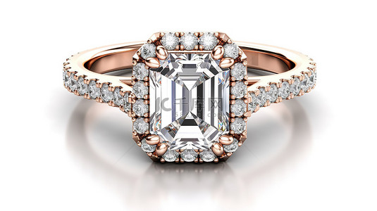 婚礼戒指背景图片_祖母绿切割主石光环玫瑰金订婚戒指，戒圈上有侧石 3D 渲染