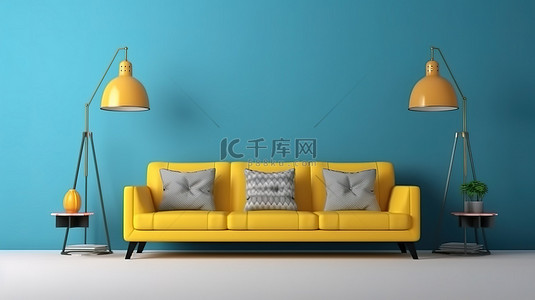 白色2背景图片_美学室内设计，配有黄色沙发蓝色墙壁白色地毯和三盏灯 3D 渲染