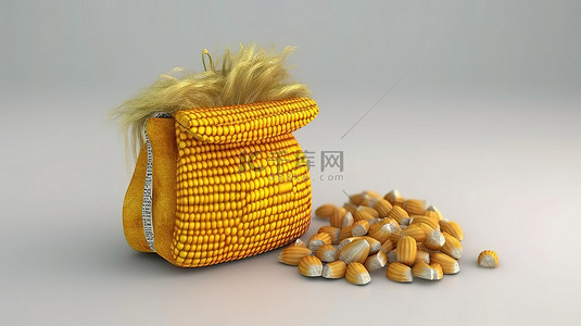农业金融背景图片_白色背景上可交易玉米一袋玉米玉米穗和硬币的 3D 插图