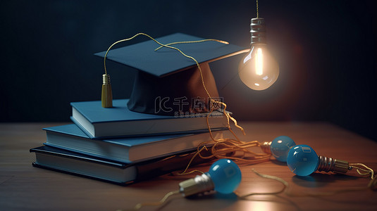 蓝色背景与书籍和灯泡装饰 3d 毕业帽