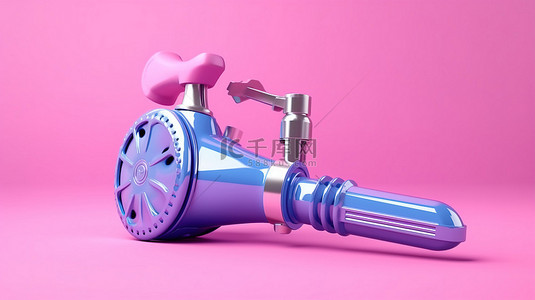 蓝色汽车手动气泵以双色调风格显示在充满活力的粉红色背景 3D 渲染中
