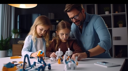 孩子们聚餐背景图片_父亲和孩子在机器人工作室中通过 3D 笔的艺术创新建立联系