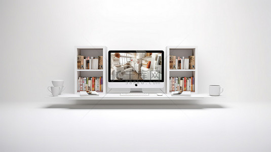 简约的学习背景图片_在计算机屏幕显示的灰色和白色背景上对干净简约的图书馆概念进行 3D 渲染