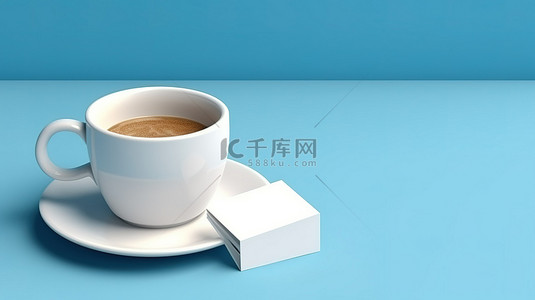 咖啡纸背景图片_蓝色背景，带有白皮书便条卡和咖啡的 3D 渲染