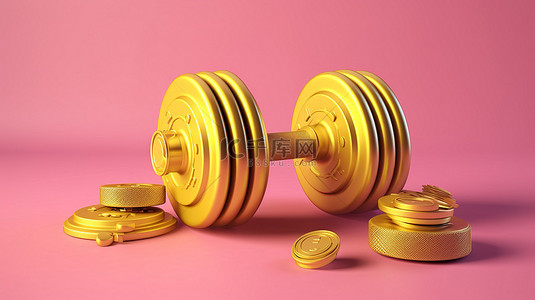 健身和运动器材黄色金属哑铃，带磁盘和耳机，粉红色背景 3D 插图