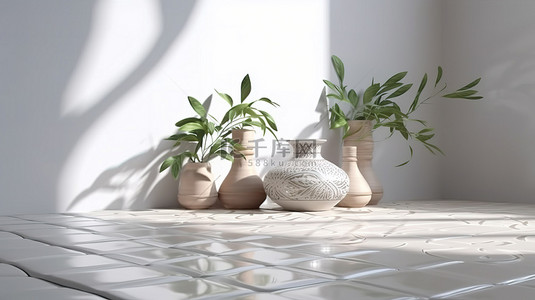 叶影背景图片_产品展示白色质朴摩洛哥瓷砖，带叶影和化妆品装饰 3D 渲染