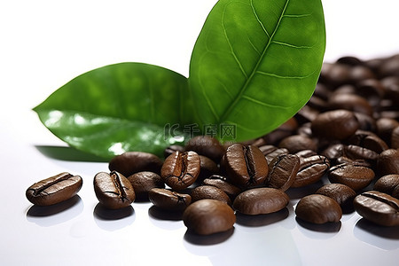 绿叶与黑咖啡豆