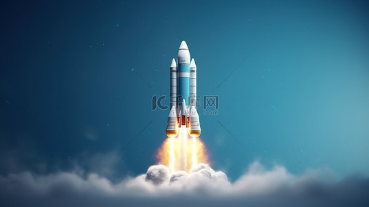 蓝色背景火箭发射的 3d 渲染