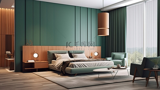 绿墙东卧室，配有木质床头板电视柜梳妆台和舒适的扶手椅 3D 渲染