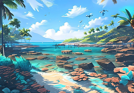 植物唯美插画背景图片_海滩椰子树景色唯美插画