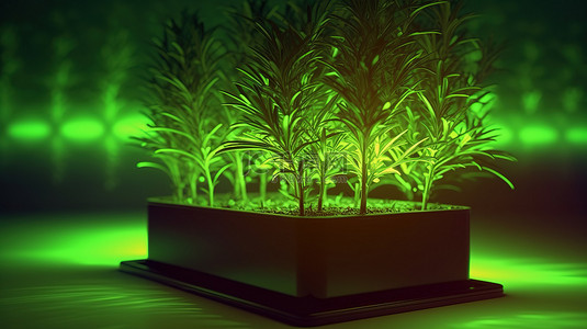 茁壮成长背景图片_郁郁葱葱的迷迭香植物在 LED 生长灯下茁壮成长的 3D 插图