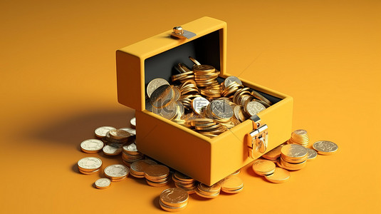 分数公布背景图片_装满美元硬币的开放礼品盒的 3D 渲染