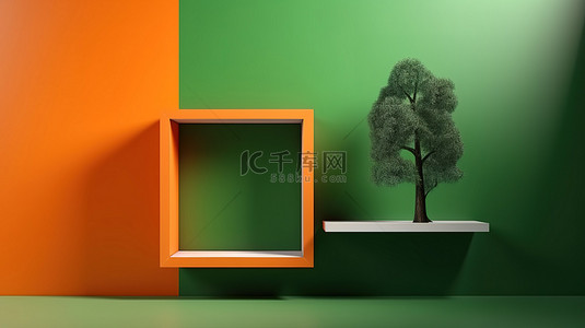 橙色样机背景图片_夏季产品样机 3D 相框放在架子上，树影映衬在绿色和橙色墙壁上，使用渲染技术进行说明