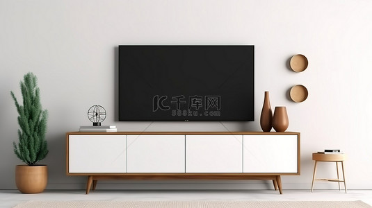 智能电视背景图片_现代房间的 3D 渲染，配有白色控制台和空白黑屏智能电视