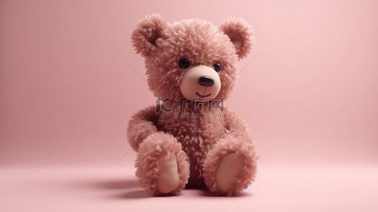 站在粉红色表面上的 3D 渲染中的泰迪熊