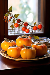 桌上有盘子的柿子果和浆果