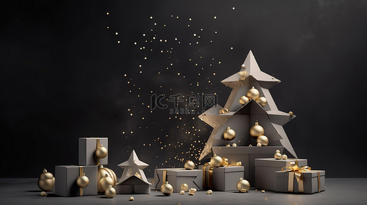 光泽灰色背景图片_金色的铃儿响叮当和礼品盒装饰着 3D 树，圣诞灯光和光泽灰色背景上的花环