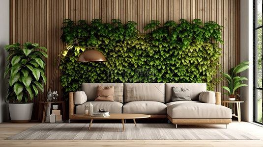 入口背景图片_自然客厅配有木制座椅光滑的墙壁入口和 3D 视觉效果的室内绿化