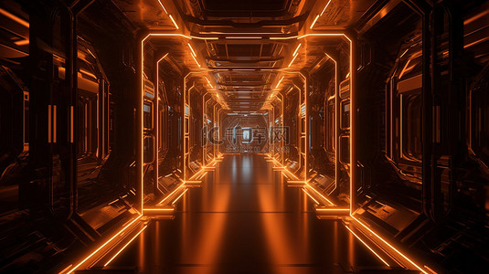 发光的橙色赛博朋克宇宙飞船走廊以 3D 渲染
