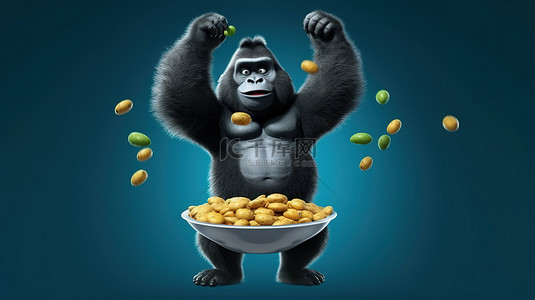 大猩猩背景图片_厚脸皮的 3D 大猩猩角色炫耀他的食物杂耍技巧