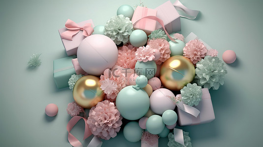 从鸟瞰图中以 3D 渲染的粉彩花球和礼物