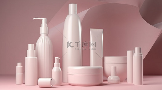 3d展台模型背景图片_粉红色背景化妆品品牌模型逼真的 3D 渲染空白白色护肤品包装带阴影