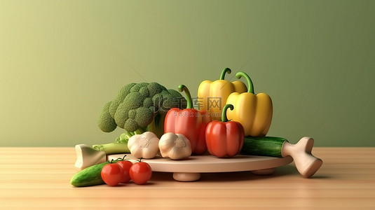 平衡健康和健身蔬菜和哑铃在称重秤 3D 概念渲染与文本空间