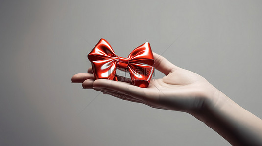 带红色蝴蝶结的圣诞主题手的 3D 插图