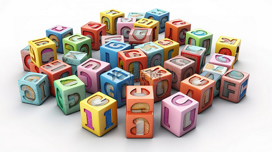 英文立方体背景图片_充满活力的字母玩具立方体排列在白色背景的盒子中，以 3D 渲染