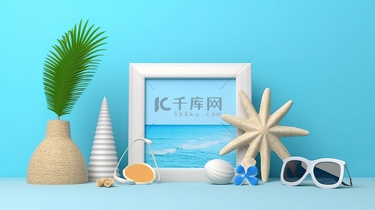 夏季海滩配件相框模型，蓝色背景和 3D 渲染