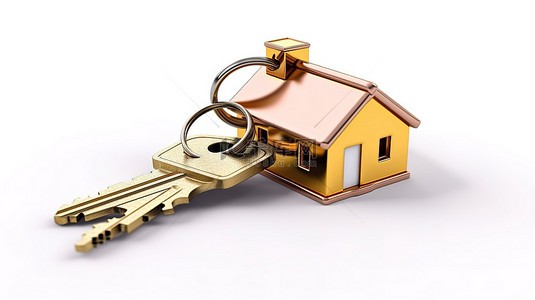 3D 渲染房屋形状的钥匙链，房屋钥匙隔离在白色背景上