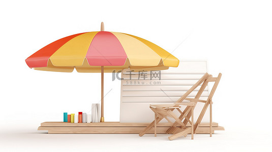 海滩木板背景图片_海滩主题 3D 渲染与木板伞椅和原始白色背景上的救生圈