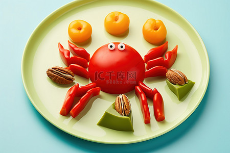 一个盘子，上面有一只螃蟹，周围有坚果和辣椒
